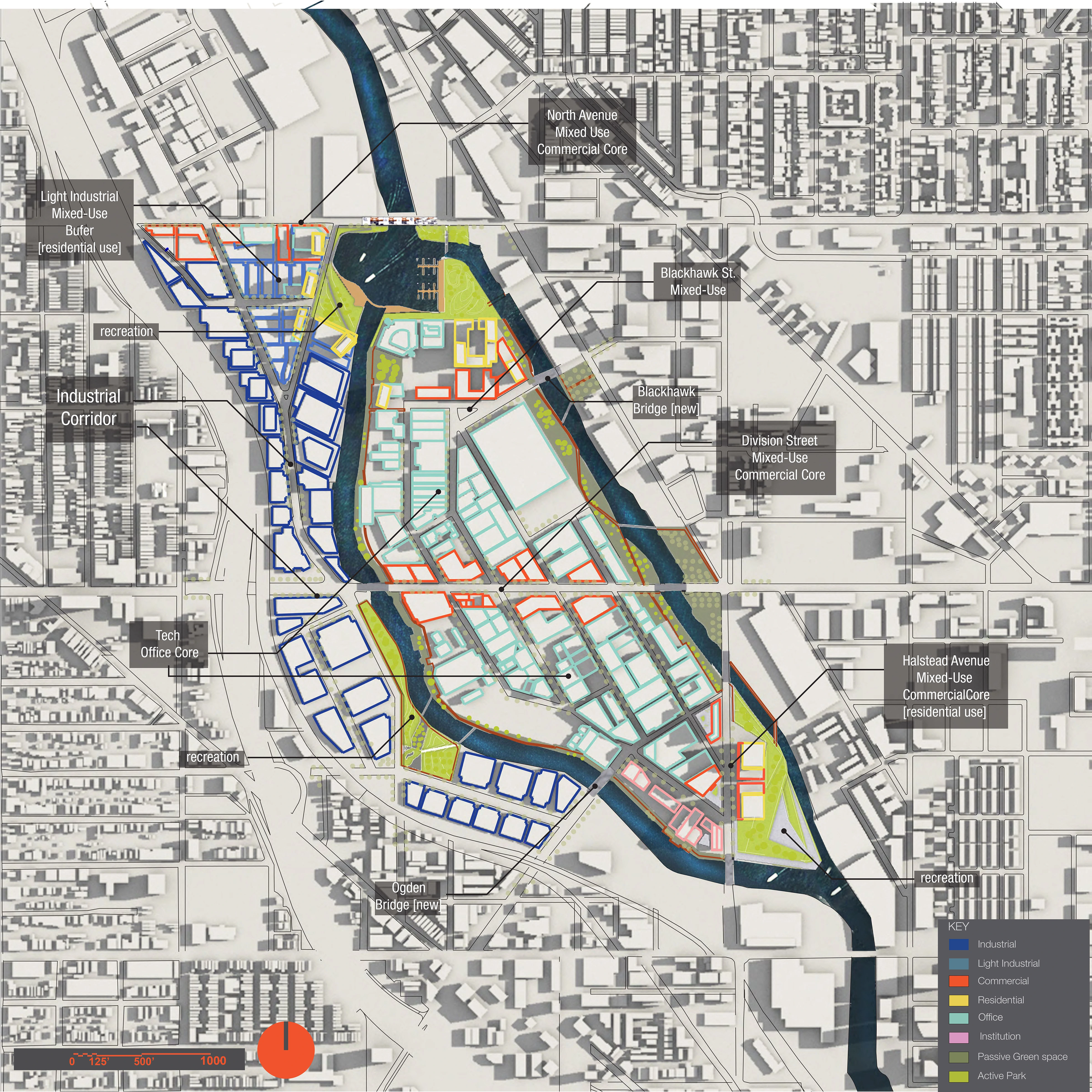 Annotated masterplan of Goose Island: the North Avenue, Division Street and Halsted Street mixed-use cores, the tech office core, the industrial corridor and its light industrial buffer, recreation areas and the new Blackhawk and Ogden bridges