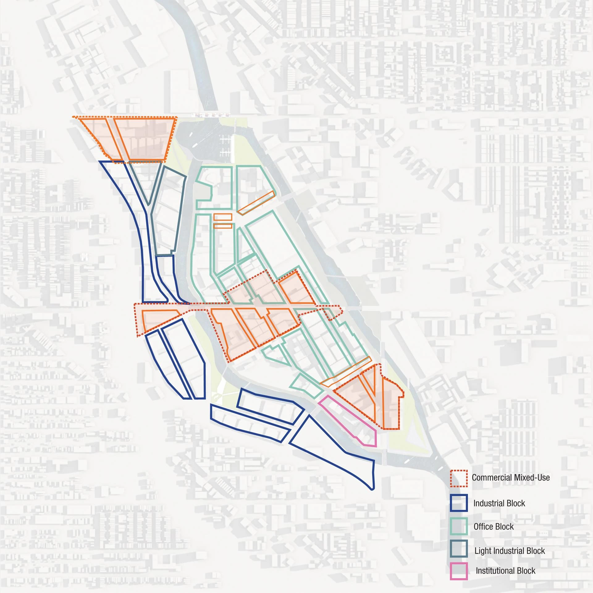 City block diagram: commercial mixed-use, office, light industrial, industrial and institutional blocks