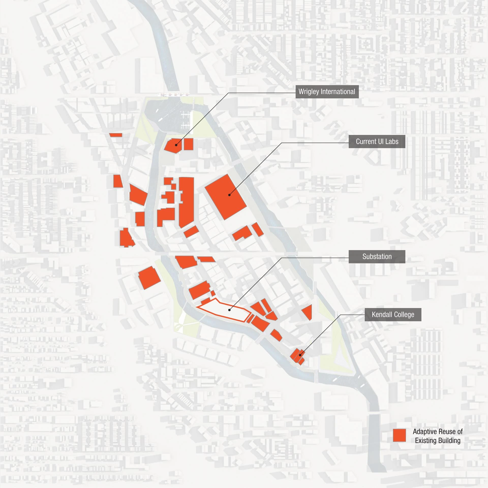 Adaptive reuse diagram: the existing buildings the plan keeps and reuses, with Wrigley International, the current UI Labs, a substation and Kendall College named