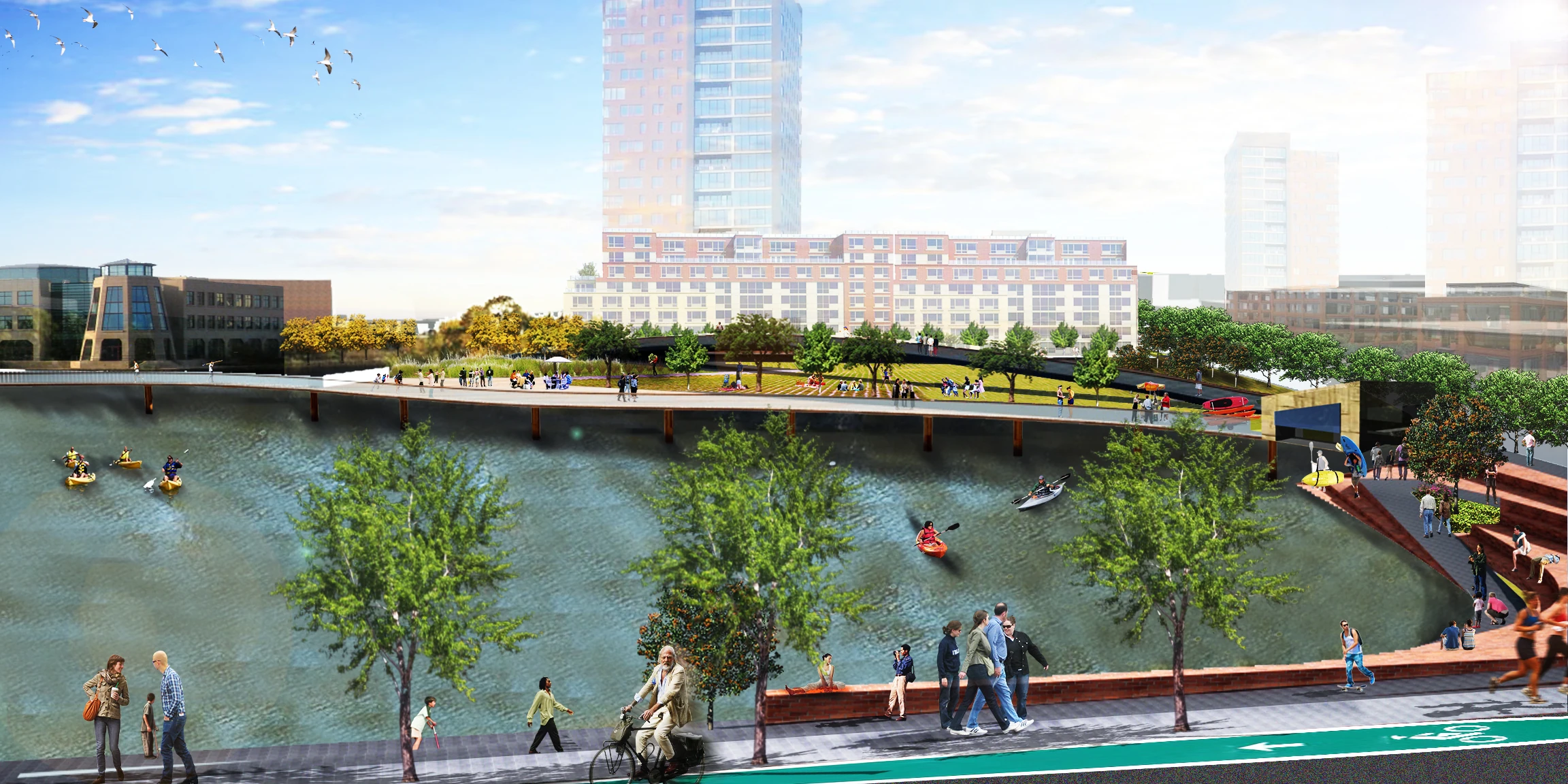 Perspective of Goose Landing Park across the river: kayaks on the water, a raised promenade and lawn, housing and towers behind, a bike lane in front