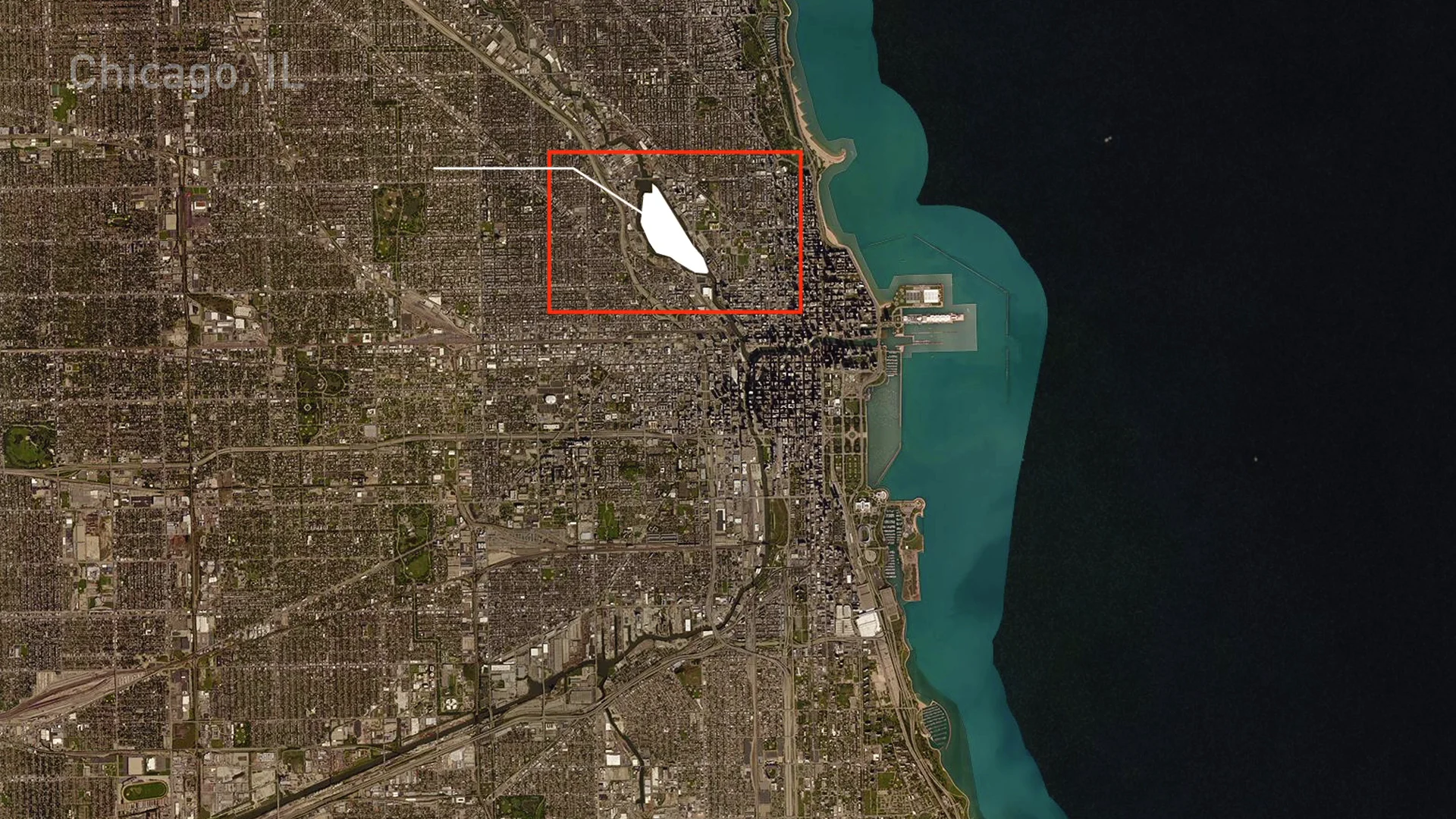 The project animation: Goose Island located in Chicago, the design drivers (connectivity, vehicular and pedestrian corridors, open space, building blocks), then the mechanisms (rezoning, mixed-use cores, parks, bridges, development) with their renders; it ends on the credits