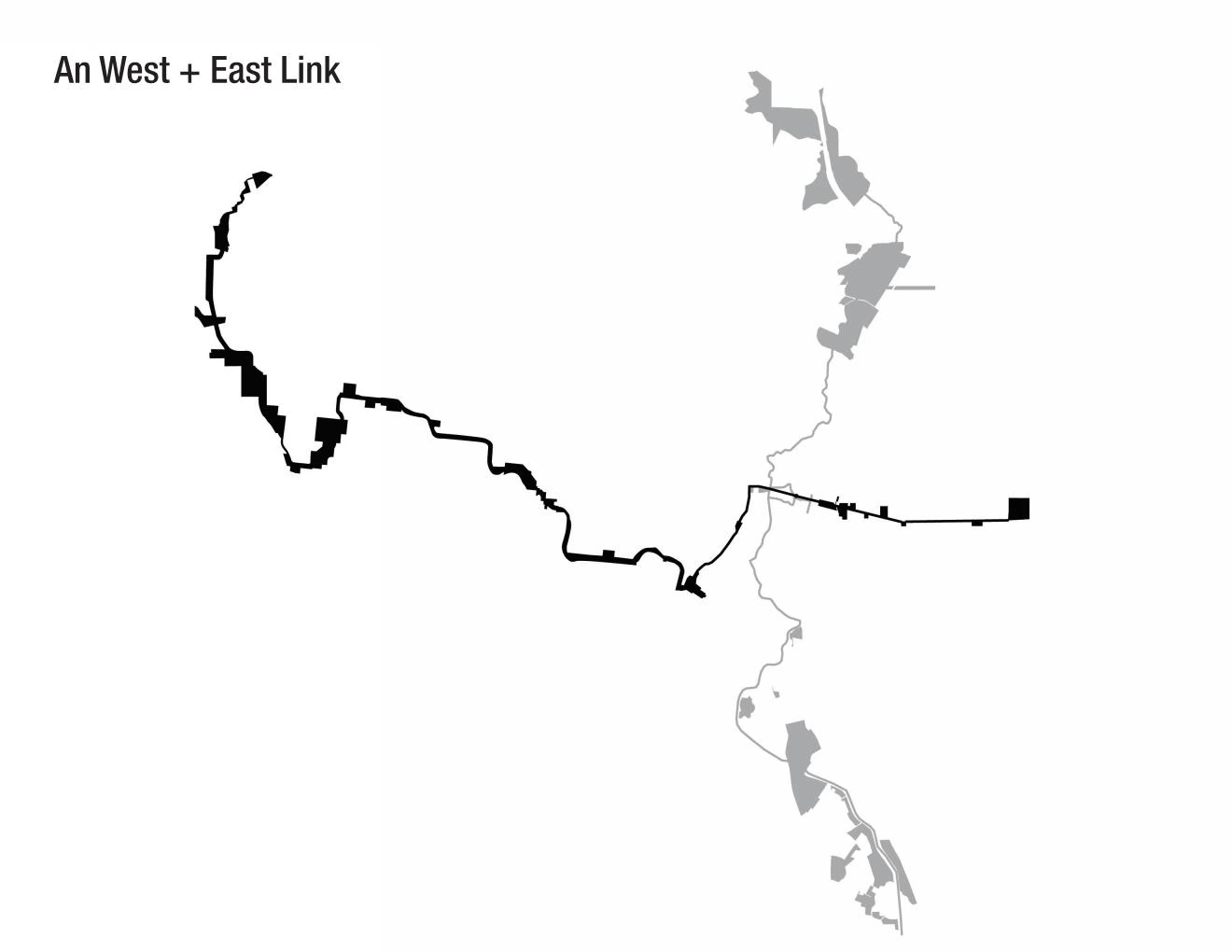 A west–east link: a line of creeks in black running across the west side to meet the north–south San Antonio River corridor in grey