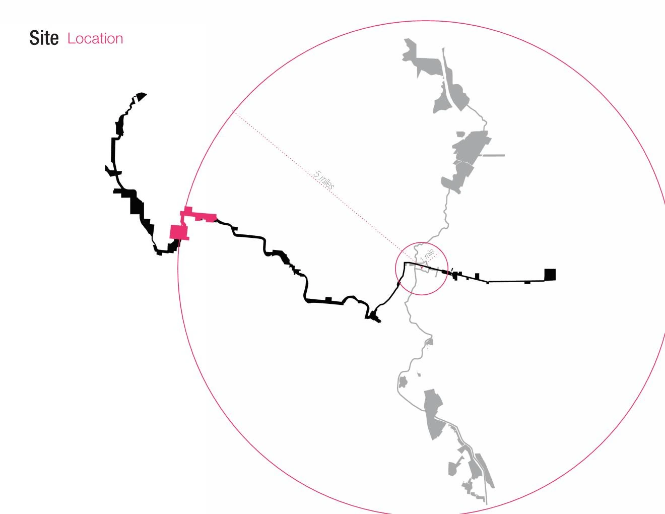 Site location: the Zarzamora Creek site in pink, on a five-mile radius from downtown San Antonio