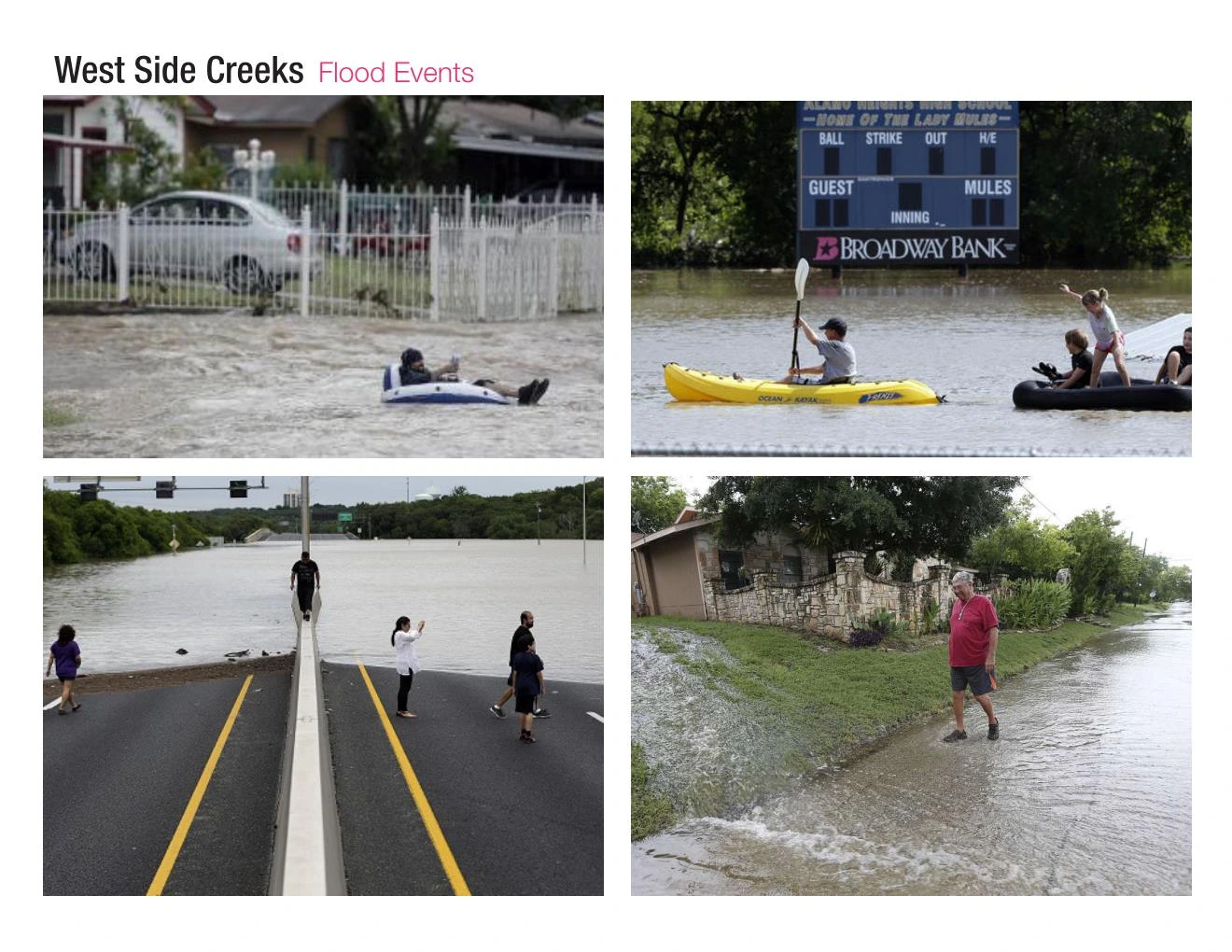 West Side Creeks, flood events: four photographs of people in floodwater, on a flooded street, a ballfield and a highway