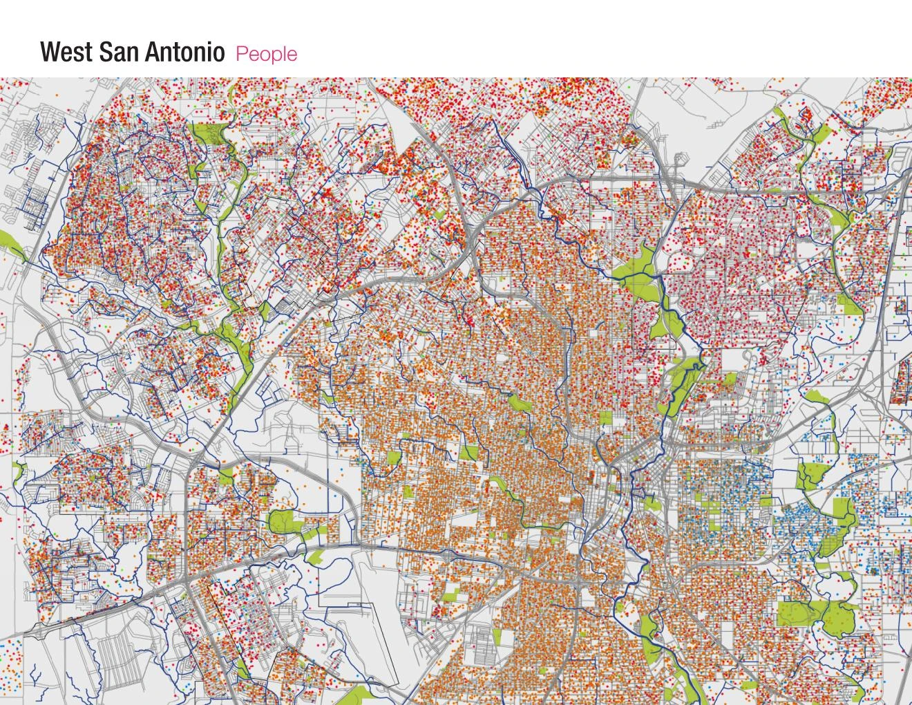 West San Antonio’s population as dots, one for every 25 people, Hispanic residents in orange, over the creeks and public green space