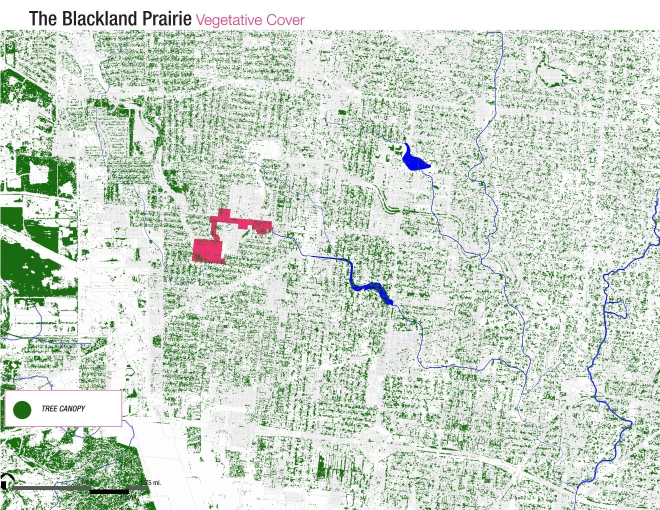 The Blackland Prairie, vegetative cover: tree canopy across the same extent, with the site in pink
