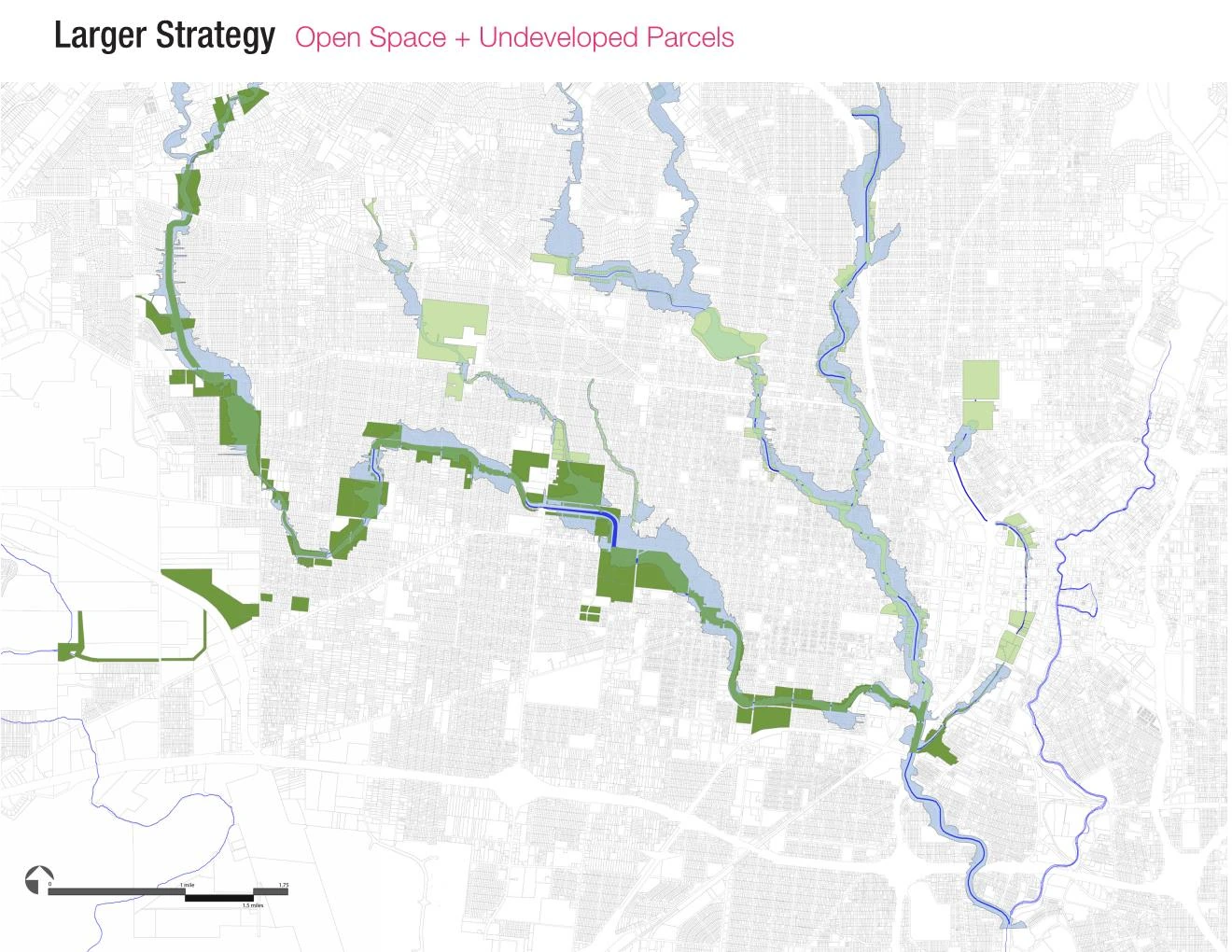 Larger strategy: open space and undeveloped parcels along the West Side Creeks