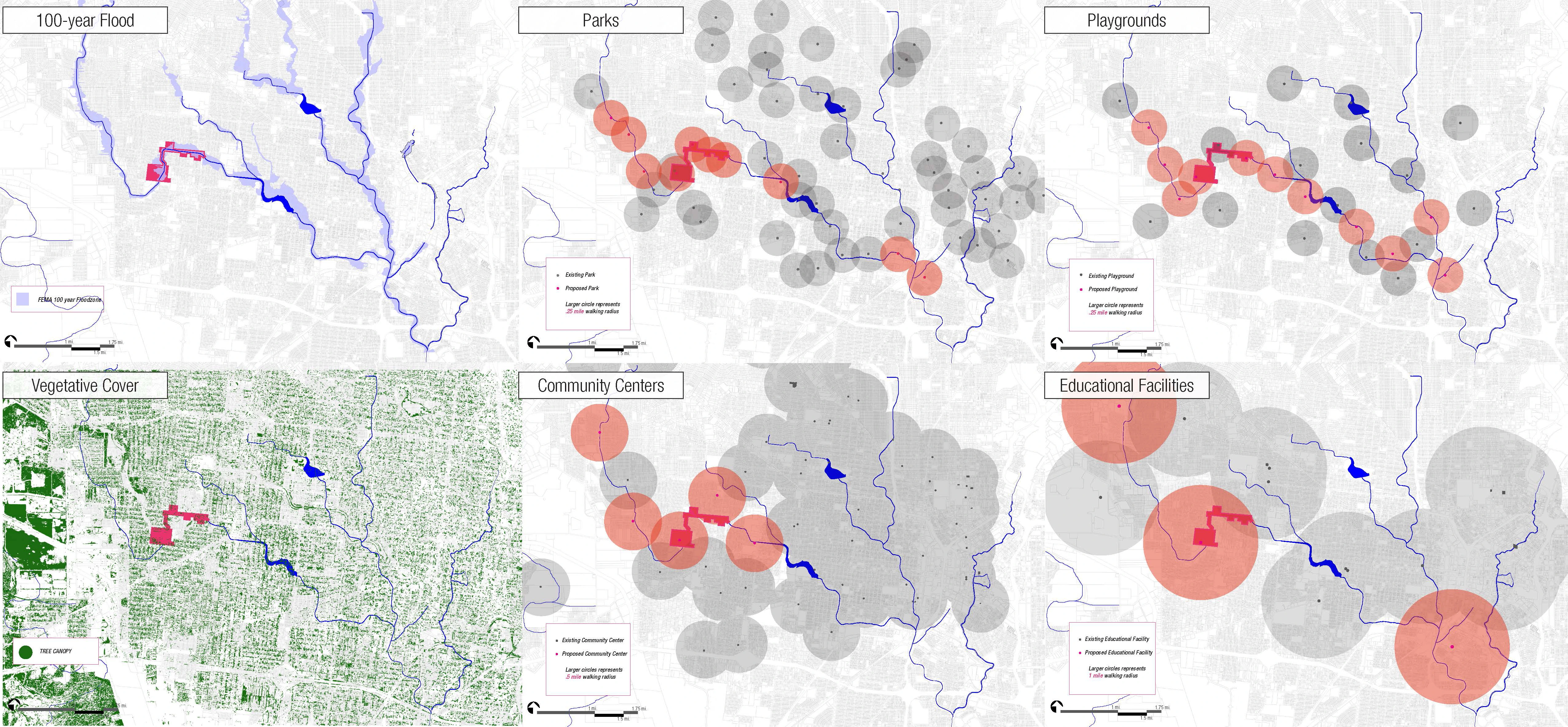 Six maps of the west side: the 100-year flood zone, vegetative cover, and existing and proposed parks, playgrounds, community centers and educational facilities, each with its walking radius