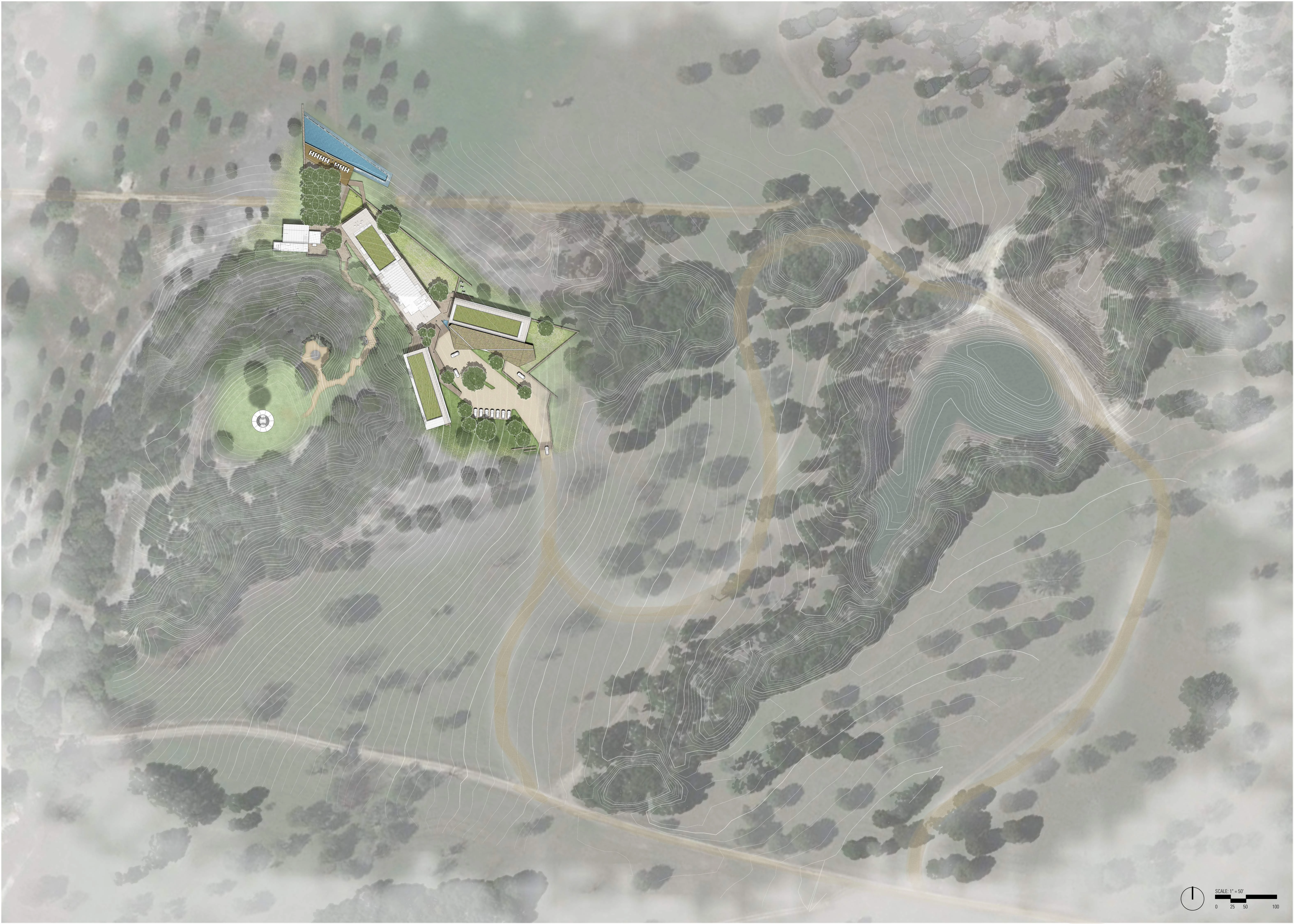 Illustrative master plan of the property: the compound on a wooded rise in the north-west, ranch roads looping east to a lake, with contours and tree canopy across the site
