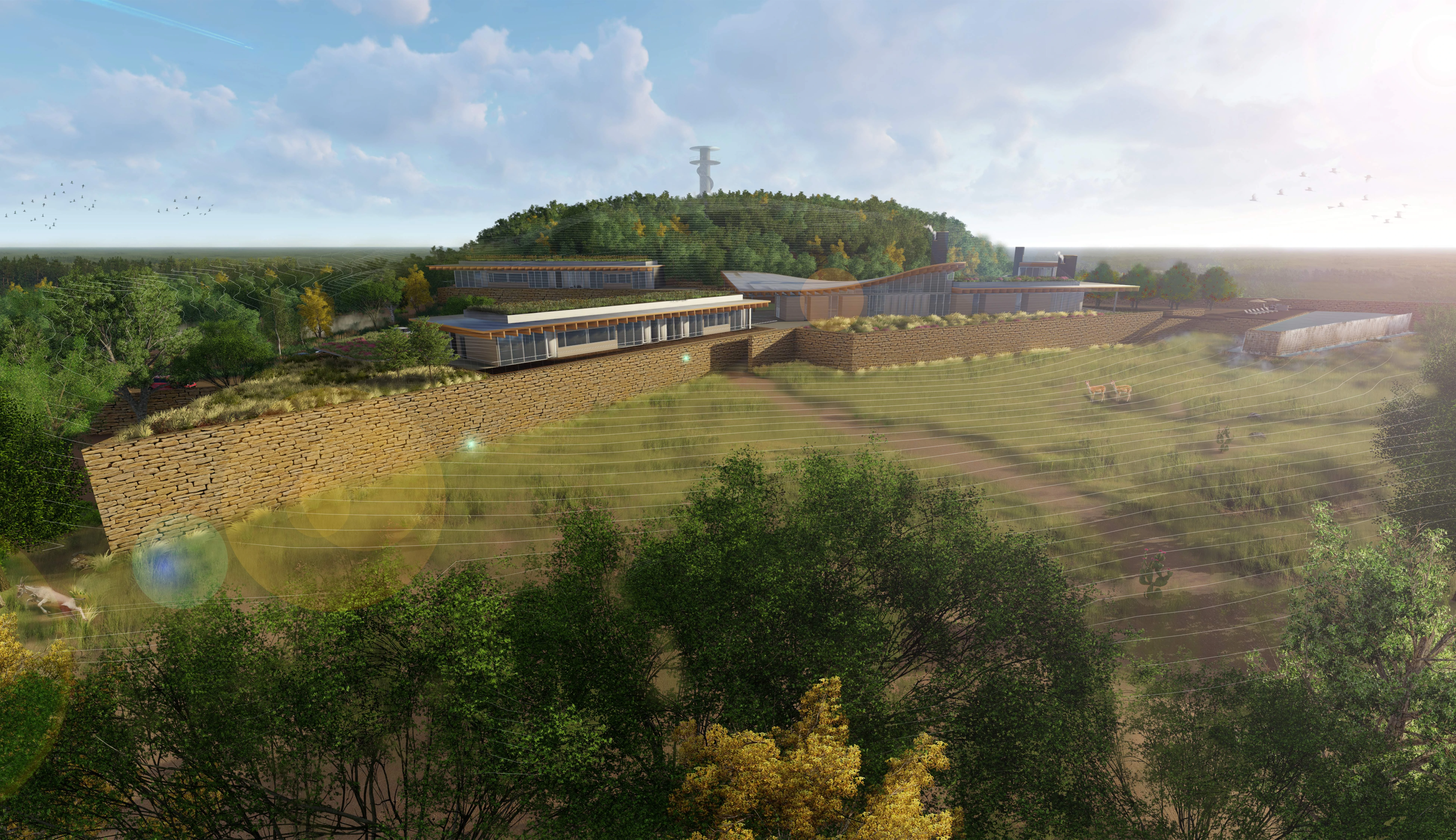 Rendered perspective of the estate from above the trees: low buildings behind a long stacked-stone wall, a meadow sloping away in front, and a tower on the wooded hill behind